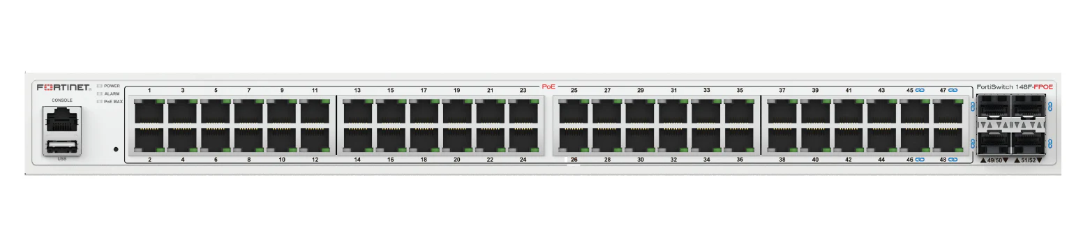 Fortinet FS-148F-FPOE | 48x GE PoE, 4x SFP+ Uplinks, 740W PoE Budget, Layer 2+ Switch