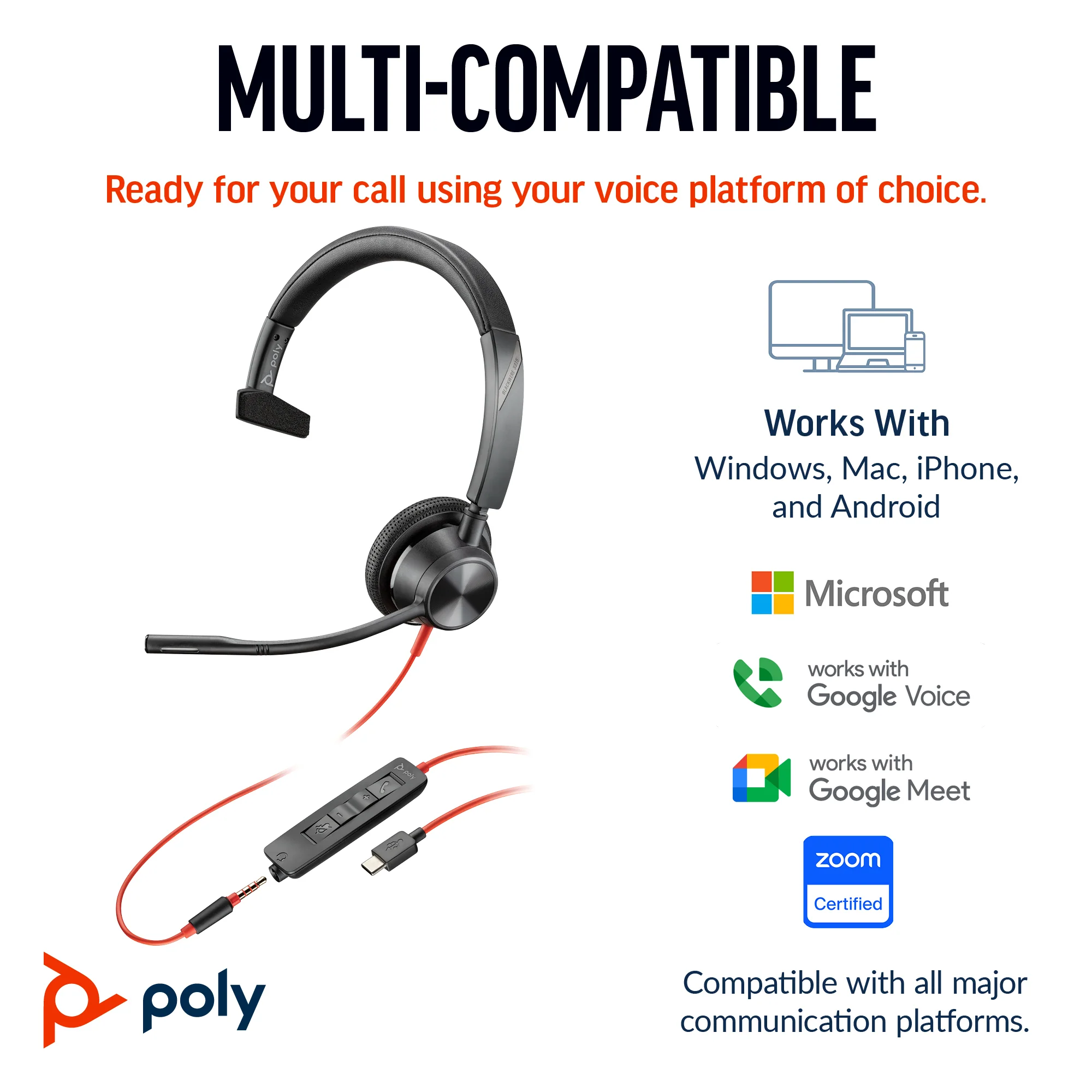 Poly 8X218AA | Blackwire 3315 Monaural USB-C Headset, Microsoft Teams Certified