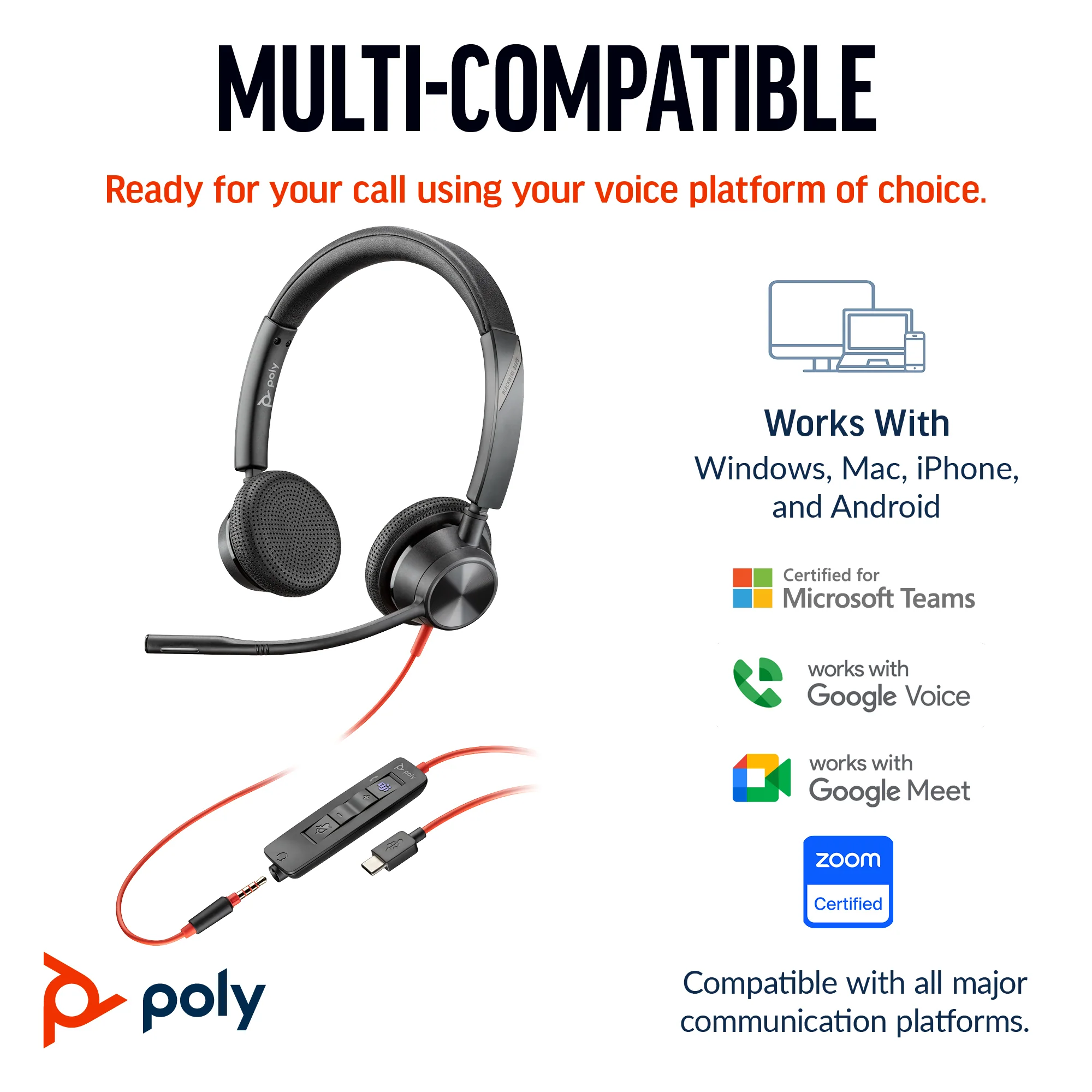 Poly 8X222AA | Blackwire 3325 Stereo USB-C Headset, Microsoft Teams Certified, 3.5mm Plug, USB-C/A Adapter