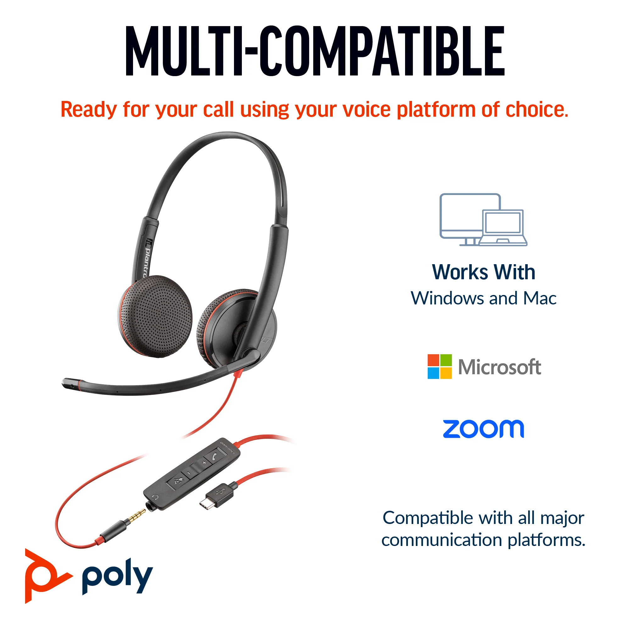 Poly 8X229AA | Blackwire 3225 Stereo USB-C Headset, 3.5mm Plug, USB-C/A Adapter